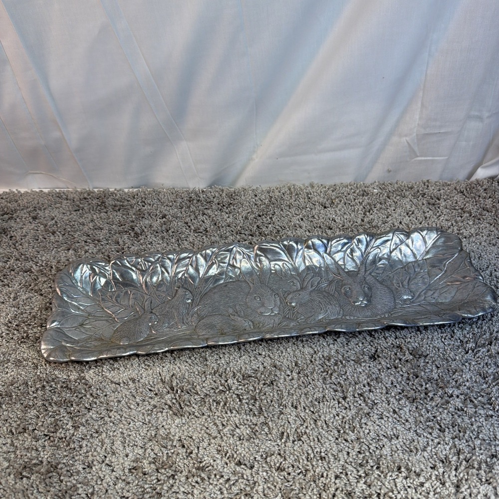 Arthur Court VTG 1990 Bunny Rabbit Cabbage Leaf Easter Aluminum Serving Tray 18"